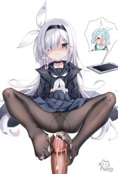 Rule 34 | 1girl, absurdres, arona (blue archive), blue archive, blush, cameltoe, cum, feet, footjob, hair over one eye, hairband, halo, heart, heart halo, highres, long hair, looking at viewer, pantyhose, plana (blue archive), silver hair, smile, toes