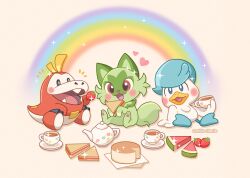 Rule 34 | absurdres, artist name, blush, cake, creatures (company), cup, food, fruit, fuecoco, game freak, heart, highres, holding, holding food, nintendo, no humans, open mouth, pokemon, pokemon (creature), quaxly, rainbow, saucer, simple background, sprigatito, strawberry, teacup, teapot, vanillacherie, watermark, watermelon, watermelon slice