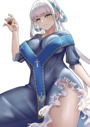 Rule 34 | 1girl, bberbn, blue dress, blue hair, braid, breasts, candy, chocolate, chocolate heart, collarbone, dress, earrings, fate/grand order, fate (series), food, grey hair, grin, hair rings, heart, highres, jewelry, large breasts, long hair, looking at viewer, braided hair rings, multicolored hair, ponytail, pope joan (fate), purple eyes, sash, smile, solo, thighs, twin braids, two-tone hair