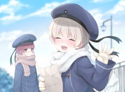 Rule 34 | 2girls, blue sky, blurry, blurry background, blush, breath, brown eyes, brown scarf, buttons, closed eyes, closed mouth, cloud, commentary request, dress, gloves, hair between eyes, hat, hat ribbon, highres, holding, holding paper, kantai collection, lamppost, long sleeves, looking at viewer, multiple girls, open mouth, outdoors, paper, red hair, ribbon, sailor dress, sailor hat, scarf, short hair, sky, smile, standing, totto (naka), tree, white hair, white scarf, winter, z1 leberecht maass (kancolle), z3 max schultz (kancolle)