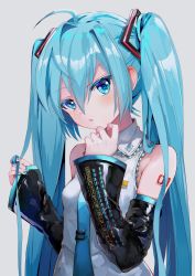 Rule 34 | ahoge, aqua eyes, aqua hair, aqua nails, bare shoulders, black sleeves, blue neckwear, collared shirt, detached sleeves, grey background, grey shirt, hair between eyes, hair ornament, twirling hair, hand on own face, hatsune miku, head tilt, highres, long hair, long sleeves, looking at viewer, md5 mismatch, nail polish, necktie, resolution mismatch, shirt, sidelocks, simple background, source larger, takepon1123, twintails, upper body, very long hair, vocaloid