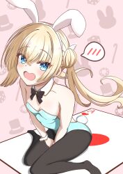 Rule 34 | 1girl, absurdres, alternate costume, animal ears, aqua bow, aqua bowtie, aqua leotard, bare shoulders, between legs, black pantyhose, blonde hair, blue eyes, blush, bow, bowtie, breasts, cleavage, collarbone, commentary request, crossed bangs, detached collar, double bun, embarrassed, eyelashes, eyes visible through hair, fake animal ears, fake tail, floating hair, foot out of frame, foreshortening, hair between eyes, hair bun, hand between legs, highres, leotard, long hair, looking at viewer, open mouth, pantyhose, pink background, playboy bunny, rabbit ears, rabbit tail, shirayuki noa, simple background, sitting, small breasts, solo, speech bubble, spoken blush, strapless, strapless leotard, tail, tenshi souzou re-boot!, tsubatyissimo2, twintails, v arms, wariza, wavy mouth, white wrist cuffs, wing hair ornament, wrist cuffs