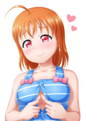 Rule 34 | ahoge, bare shoulders, blue shirt, bow, breasts, collarbone, heart, highres, love live!, love live! school idol festival, love live! school idol project, love live! sunshine!!, medium breasts, no bra, open clothes, open shirt, orange hair, paizuri invitation, pink bow, red eyes, sazanami tarou, shirt, simple background, solo, striped clothes, striped shirt, takami chika, upper body, white background