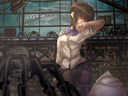 Rule 34 | 1girl, arched back, black pantyhose, blouse, blunt bangs, blurry, braid, braided ponytail, breasts, brown hair, clenched hand, commentary request, contrapposto, covering one eye, covering own mouth, cowboy shot, crate, depth of field, head tilt, highres, indoors, lavender bow, looking at viewer, pantyhose, pantyhose under shorts, red eyes, rika (touhou), robot, shirt, short hair, shorts, shounen (hogehoge), single braid, sleeves rolled up, small breasts, solo, standing, touhou, touhou (pc-98), underwater, whale, white shirt, window, workshop, wrench