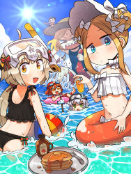 Rule 34 | 6+girls, :d, abigail williams (fate), abigail williams (swimsuit foreigner) (fate), abigail williams (swimsuit foreigner) (third ascension) (fate), absurdres, ahoge, ball, beachball, bendy straw, beret, bikini, black bikini, black bow, black headwear, blonde hair, blue eyes, blue one-piece swimsuit, blue sky, bonnet, book, bow, bow choker, braid, brown headwear, butter, choker, cloud, commentary request, cup, day, double bun, drink, drinking glass, drinking straw, facial scar, fate/grand order, fate (series), fish, flat chest, floating hair, food, fork, fujimaru ritsuka (female), giant, giantess, goggles, goggles on head, green eyes, hair between eyes, hair bow, hair bun, hat, highres, holding, holding book, holding cup, innertube, jack the ripper (fate/apocrypha), jeanne d&#039;arc (fate), jeanne d&#039;arc alter santa lily (fate), korean commentary, lakilolom, lens flare, long hair, looking at viewer, looking down, low ponytail, multiple girls, navel, nursery rhyme (fate), ocean, one-piece swimsuit, open book, open mouth, orange eyes, orange hair, outdoors, pancake, pancake stack, parted bangs, paul bunyan (fate), pink eyes, pink innertube, red bow, red headwear, red innertube, saucer, scar, scar on cheek, scar on face, sharp teeth, short hair, sitting, sky, smile, snorkel, stitches, striped clothes, striped one-piece swimsuit, suction cups, sun, swim cap, swim ring, swimsuit, syrup, teeth, tentacles, twin braids, wading, water, wet, white bikini, white bow, white choker, white hair