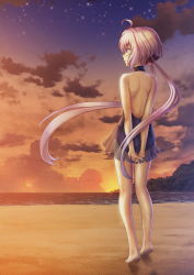 Rule 34 | 10s, 1girl, ahoge, arms behind back, bare back, barefoot, beach, cloud, evening, feet, from behind, gradient background, hair ribbon, highres, long hair, neck ribbon, nekoyashiki yayoi, outdoors, purple eyes, ribbon, sand, senki zesshou symphogear, shore, silver hair, sky, smile, solo, star (sky), starry sky, sunset, swimsuit, twintails, water, yukine chris