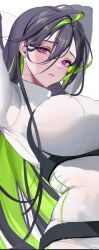 Rule 34 | 1girl, arms behind head, black hair, bodysuit, breasts, goddess of victory: nikke, green hair, guilty (nikke), hair behind ear, hair between eyes, hobble, large breasts, long hair, looking at viewer, mikan03 26, multicolored hair, purple eyes, skin tight, solo, two-tone hair, unfinished, very long hair, white background, white bodysuit