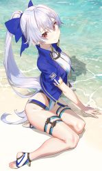 Rule 34 | 1girl, absurdres, arm support, beach, blue bow, blue jacket, bow, breasts, closed mouth, cropped jacket, fate/grand order, fate (series), full body, hair between eyes, highleg, highleg swimsuit, highres, jacket, long hair, looking at viewer, medium breasts, multicolored clothes, multicolored swimsuit, one-piece swimsuit, open clothes, open jacket, outdoors, ponytail, red eyes, sand, shore, short sleeves, silver hair, sitting, smile, solo, swimsuit, thigh strap, thighs, tomoe gozen (fate), tomoe gozen (swimsuit saber) (fate), two-tone swimsuit, very long hair, xkirara39x, yokozuwari