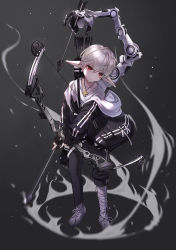 Rule 34 | 1boy, absurdres, alswp5806, arrow (projectile), bad id, bad pixiv id, bandaged leg, bandages, black gloves, black jacket, black pants, bow (weapon), collarbone, ear piercing, fingerless gloves, gloves, gradient background, hair between eyes, highres, holding, holding arrow, holding bow (weapon), holding weapon, jacket, jewelry, male focus, mechanical arms, off shoulder, open clothes, open jacket, original, pants, pendant, piercing, pointy ears, quiver, red eyes, shirt, shoes, short sleeves, single mechanical arm, solo, weapon, white footwear, white hair, white shirt
