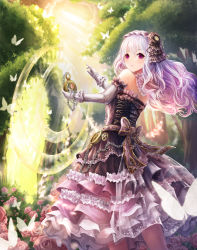 Rule 34 | 1girl, bad id, bad pixiv id, bare shoulders, bug, butterfly, chain, dress, elbow gloves, flower, frills, gloves, hair ornament, highres, bug, lolita fashion, long hair, long skirt, looking at viewer, looking back, lunacle, original, outdoors, purple eyes, purple hair, skirt, solo, standing, sunlight, watch, white gloves