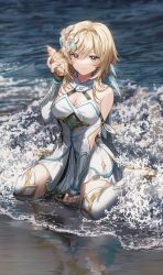 Rule 34 | 1girl, bare shoulders, beach, blonde hair, blush, boots, breasts, cleavage, closed mouth, detached sleeves, dress, feather hair ornament, feathers, fingerless gloves, flower, genshin impact, gloves, hair between eyes, hair flower, hair ornament, high heel boots, high heels, highres, in water, lumine (genshin impact), medium breasts, ocean, outdoors, partially fingerless gloves, partially submerged, sand, shell, shore, short hair with long locks, silence girl, sitting, sleeveless, sleeveless dress, smile, solo, thigh boots, wariza, white dress, white flower, white footwear, white sleeves, yellow eyes