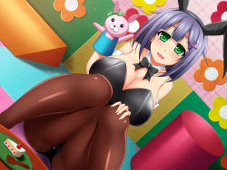 Rule 34 | 1girl, animal ears, bare shoulders, blush, bow, bowtie, breasts, brown pantyhose, cleavage, detached collar, fake animal ears, fishnet pantyhose, fishnets, green eyes, hair ornament, hand on own knee, hand puppet, large breasts, leotard, looking at viewer, militia minpei, open mouth, original, pantyhose, playboy bunny, puppet, purple hair, rabbit ears, rabbit puppet, short hair, sitting, smile, solo, wrist cuffs, x hair ornament