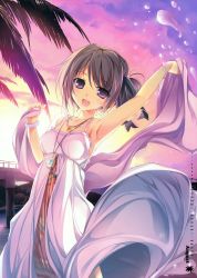 Rule 34 | 1girl, :d, absurdres, arm up, armpits, bridge, brown hair, calendar, dress, highres, jewelry, karory, necklace, open mouth, palm tree, purple eyes, river, shawl, smile, solo, sunset, tree, water
