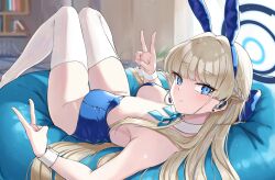 Rule 34 | 1girl, absurdres, blonde hair, blue archive, blue eyes, blue halo, blue leotard, blunt bangs, blurry, blurry background, braid, closed mouth, commentary, double v, earpiece, earrings, french braid, hair intakes, hair spread out, halo, highleg, highleg leotard, highres, indoors, jewelry, knees together feet apart, knees up, leotard, lying, m kong, mattress, official alternate costume, official alternate hairstyle, on back, solo, strapless, strapless leotard, stud earrings, thighhighs, toki (blue archive), toki (bunny) (blue archive), v, white thighhighs, white wrist cuffs, wrist cuffs