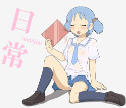 Rule 34 | 1girl, black socks, blue hair, breasts, closed eyes, collarbone, copyright name, cube hair ornament, drymon, full body, hair ornament, kneehighs, naganohara mio, nichijou, nipples, no bra, open mouth, panties, see-through, shoes, simple background, small breasts, socks, solo, twintails, underwear, wet, wet clothes, white background, white panties