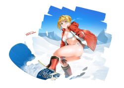 Rule 34 | 1girl, bikini, blonde hair, blue sky, boots, braid, braided bun, breasts, closed mouth, commission, fate/grand order, fate (series), gloves, green eyes, hair bun, hood, hood down, hooded jacket, jacket, large breasts, looking at viewer, mountain, navel, nero claudius (fate), nero claudius (fate) (all), open clothes, open jacket, red gloves, red jacket, side-tie bikini bottom, signature, single hair bun, skeb commission, sky, smile, snow, snowboard, snowboarding, solo, swimsuit, tachibana roku, white bikini