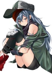 Rule 34 | 1girl, bad id, bad pixiv id, black shorts, blush, boots, brown eyes, clothing cutout, coat, g11 (girls&#039; frontline), girls&#039; frontline, green coat, grey shirt, hair between eyes, hat, highres, hugging own legs, jacket, jitome, knee pads, leg strap, long hair, looking at viewer, open clothes, open coat, open mouth, ryun025, scarf, scarf on head, shirt, short shorts, shorts, shoulder cutout, sidelocks, silver hair, simple background, single leg pantyhose, solo, very long hair, white background