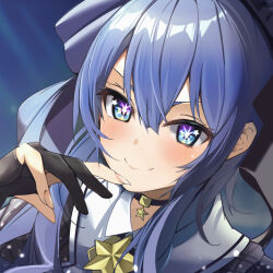 Rule 34 | 1girl, absurdres, beret, black gloves, blue eyes, blue hair, bracelet, choker, closed mouth, gloves, grey hat, hair between eyes, hand on own chin, hand up, hat, highres, hololive, hoshimachi suisei, hoshimachi suisei (1st costume), jewelry, light particles, long hair, looking at viewer, natsuki (muravito), oshi no ko, partially fingerless gloves, plaid headwear, portrait, smile, solo, star-shaped pupils, star (symbol), star in eye, symbol-shaped pupils, symbol in eye, virtual youtuber