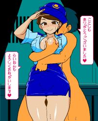 Rule 34 | 1boy, 1girl, animated, animated gif, bare legs, blue shirt, blue skirt, blush, breasts, brown eyes, brown hair, censored, cleavage, clothed female nude male, from behind, hat, japanese text, jermaneels, large breasts, miniskirt, nipple slip, nipples, nude, original, pencil skirt, penis, police, police hat, police uniform, policewoman, salute, shiny skin, shirt, short hair, short sleeves, skirt, sweat, sweatdrop, nervous sweating, tagme, thigh sex, translation request, uniform