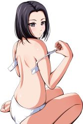 Rule 34 | 1girl, ass, bare arms, bare back, bare legs, bare shoulders, barefoot, black hair, bra, closed mouth, expressionless, feet, from behind, grey eyes, highres, looking at viewer, looking back, matsunaga kouyou, open bra, panties, pulled by self, shiny skin, short hair, sitting, soles, solo, strap pull, toes, underwear, undressing, unfastened, wariza, white bra, white panties