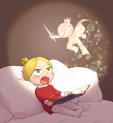 Rule 34 | 1boy, :o, aboutama, aged down, blonde hair, blue eyes, blush, book, child, crown, daida, male focus, on bed, open book, ousama ranking, prince, red shirt, shirt, short hair, sitting, solo, sparkle