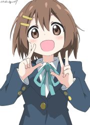 Rule 34 | 1girl, absurdres, bad id, bad pixiv id, blazer, blue jacket, blue ribbon, brown eyes, brown hair, commentary request, cynical (llcbluckg c004), double v, hair between eyes, hair ornament, hairclip, hands up, highres, hirasawa yui, jacket, k-on!, light blush, long sleeves, looking at viewer, neck ribbon, open mouth, ribbon, shirt, simple background, smile, twitter username, upper body, v, white background, white shirt