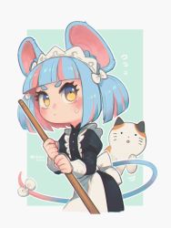 Rule 34 | 1girl, absurdres, animal, animal ears, artist name, blue hair, blunt bangs, blush, bow, cat, dated, green background, hair bow, highres, looking at viewer, maid, maid headdress, mouse ears, mouse girl, mouse tail, multicolored hair, original, outline, pink hair, porforever, short hair, simple background, solo, streaked hair, sweat, tail, tail bow, tail ornament, twintails, two-tone hair, white bow, white outline, yellow eyes