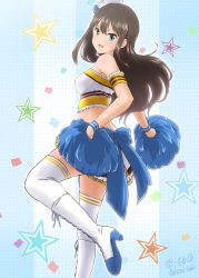 Rule 34 | 1girl, bare shoulders, blue background, blush, boots, breasts, brown hair, cheerleader, crop top, diesel-turbo, green eyes, hat, high heel boots, high heels, highres, idolmaster, idolmaster cinderella girls, long hair, looking at viewer, medium breasts, midriff, open mouth, pom pom (cheerleading), profile, shibuya rin, solo, thighhighs, white thighhighs