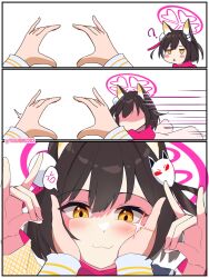 &gt;_&lt; 1girl :3 ? animal_ears black_hair blue_archive blush blush_stickers comic commentary double_fox_shadow_puppet fox_ears fox_girl fox_mask fox_shadow_puppet hair_between_eyes halo hands_on_another&#039;s_cheeks hands_on_another&#039;s_face heart heart_hands highres izuna_(blue_archive) looking_at_viewer mask medium_hair motion_lines pom_pom_(clothes) red_scarf scarf silent_comic snoot_challenge solo_focus sparkle speech_bubble twitching twitter_username yellow_eyes yusuriru202