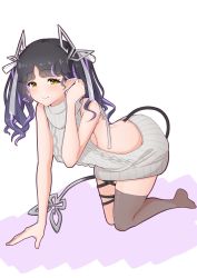 Rule 34 | 1girl, all fours, aran sweater, backless dress, backless outfit, bare back, black hair, black ribbon, blush, bow, breasts, cable knit, closed mouth, commentary request, demon girl, demon horns, demon tail, dress, feet out of frame, grey thighhighs, hair bow, highres, horns, kojo anna, kojo anna (3rd costume), leg ribbon, long hair, medium breasts, meme attire, multicolored hair, nanashi inc., official alternate costume, pointy ears, purple hair, ribbed sweater, ribbon, robou no stone, see-through, see-through legwear, sideboob, single thighhigh, smile, solo, sugar lyric, sweater, sweater dress, tail, thighhighs, turtleneck, turtleneck sweater, two-tone hair, two side up, virgin killer sweater, virtual youtuber, white bow, yellow eyes