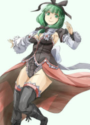 Rule 34 | 1girl, alternate costume, armpits, black footwear, black thighhighs, boots, breasts, c:, cleavage, dutch angle, frills, front ponytail, green eyes, green hair, hair ribbon, kagiyama hina, large breasts, leotard, long hair, looking at viewer, matching hair/eyes, medium breasts, puffy sleeves, ribbon, sideboob, simple background, skirt, smile, solo, thighhighs, thighhighs under boots, touhou, white background, yohane