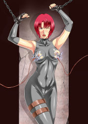 Rule 34 | 1girl, armpits, arms up, assisted exposure, bdsm, blue eyes, bondage, bound, breasts, cameltoe, chain, cleft of venus, collar, dino crisis, electricity, electrostimulation, highres, kamo (nobuhide19790717), medium breasts, nipple clamps, nipples, red hair, regina (dino crisis), short hair, solo, torn clothes, torture