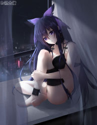 Rule 34 | 1girl, absurdres, ankle cuffs, as yinshimao, barefoot, black bra, black choker, black panties, bow, bra, breasts, breasts apart, choker, closed mouth, collarbone, curtains, date a live, full body, hair between eyes, hair bow, head tilt, highres, lingerie, long hair, medium breasts, night, panties, purple bow, purple eyes, purple hair, side-tie panties, sitting in window, sky, soles, solo, star (sky), starry sky, underwear, underwear only, very long hair, yatogami tooka