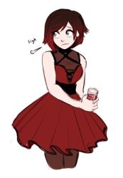 Rule 34 | 1girl, black hair, cropped legs, dashingicecream, dress, drink, frown, gradient hair, looking to the side, multicolored hair, pantyhose, red dress, red hair, ruby rose, rwby, short hair, sigh, grey eyes, solo, two-tone hair