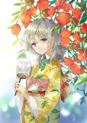 Rule 34 | 1girl, commentary request, earrings, flower, food-themed earrings, food themed earrings, grey hair, half updo, hand fan, holding, holding fan, japanese clothes, jewelry, kimono, lace-trimmed sleeves, lace trim, lemon earrings, lemon print, long sleeves, looking at viewer, medium hair, nekozuki yuki, obi, original, paper fan, parted lips, purple eyes, red flower, sash, signature, solo, sweat, trumpet creeper, uchiwa, wide sleeves, yellow kimono