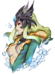 Rule 34 | 1girl, absurdres, black sclera, breasts, breasts apart, center opening, colored sclera, colored skin, cropped torso, from side, green hair, helmet, highres, kumiko shiba, league of legends, lips, long hair, medium breasts, mermaid, monster girl, nami (league of legends), parted lips, red eyes, sidelocks, simple background, solo, upper body, water, white background, white skin