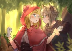 Rule 34 | 2girls, ange (princess principal), animal ears, basket, big bad wolf, big bad wolf (cosplay), blue eyes, blueramen, blunt bangs, blush, bow, bread, brooch, cosplay, day, eye contact, food, forest, gloves, highres, holding hands, jewelry, little red riding hood, little red riding hood (grimm), little red riding hood (grimm) (cosplay), long hair, looking at another, multiple girls, nature, outdoors, princess (princess principal), princess principal, red bow, red hood, short hair, standing, tail, tree, twitter username, white gloves, wolf ears, wolf tail, yuri
