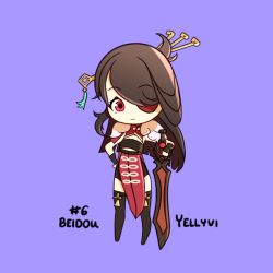 Rule 34 | beidou (genshin impact), brown hair, chibi, eyepatch, genshin impact, greatsword, hand on own hip, holding, holding weapon, long hair, purple background, red eyes, simple background, sword, thighhighs, weapon, yellyvi