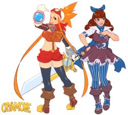 Rule 34 | 2girls, armor, ass, backpack, bag, bandana, black legwear, bliss barson, blue eyes, blue legwear, boots, bracelet, bracer, breasts, brown hair, concept art, contrapposto, cryamore, cryamore condenser, curly hair, detached sleeves, dress, esmyrelda maximus, eyeshadow, from behind, gloves, goggles, goggles on head, hairband, hand on own hip, jewelry, long hair, makeup, midriff, mole, multiple girls, neckerchief, pants, pauldrons, robaato, shoulder armor, spatterdashes, spiked hair, standing, striped, suspenders, sword, thighhighs, vertical stripes, weapon, white background, white gloves