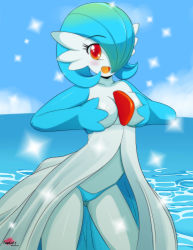 Rule 34 | 1girl, absurdres, alternate color, aqua hair, artist name, bikini, blush, breasts, cloud, collarbone, covering privates, covering breasts, creatures (company), curly hair, day, demonkingd17, eyelashes, game freak, gardevoir, gen 3 pokemon, hair over one eye, hands on own chest, highres, large breasts, looking at viewer, nintendo, no bra, ocean, one eye closed, one eye covered, open mouth, orange eyes, pokemon, pokemon (creature), shadow, shiny pokemon, sidelocks, sky, smile, solo, sparkle, swimsuit, watermark