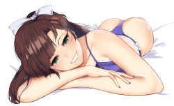 Rule 34 | 1girl, ass, bare shoulders, blush, bow, camisole, fingernails, green eyes, grin, hair bow, highres, kuonji ukyou, lingerie, long hair, looking at viewer, lying, nail polish, on stomach, panties, purple panties, ranma 1/2, seastone, shiny skin, smile, solo, thong, underwear