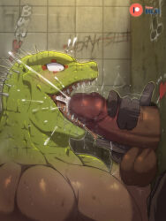Rule 34 | !, !!, 2boys, absurdres, animal head, bara, bna v5, caiman (dorohedoro), censored, cum, cum in mouth, dorohedoro, erection, facial, fellatio, from side, girthy penis, glory hole, green scales, heart, highres, large pectorals, licking, licking penis, male focus, mosaic censoring, multiple boys, muscular, muscular male, nipples, nude, oral, paid reward available, pectorals, penis, profile, reptile boy, saliva, saliva trail, sharp teeth, solo focus, speed lines, sweat, teeth, through wall, very sweaty, yaoi