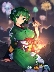 Rule 34 | 1girl, absurdres, arm support, blurry, blurry background, blurry foreground, breasts, depth of field, feet out of frame, festival, fireworks, floral print, flower, green hair, green kimono, hair ornament, highres, holding, holding fireworks, huge breasts, japanese clothes, kimono, qwas69, sash, short hair, sitting, smile, soga no tojiko, solo, sparkler, touhou, white flower