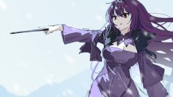 1girl air_rocket breasts commentary dress fate/grand_order fate_(series) feather_trim floating_hair highres holding holding_wand long_hair long_sleeves medium_breasts pointy_ears purple_dress purple_hair red_eyes scathach_(fate) scathach_skadi_(fate) simple_background snow snowing solo wand white_background wide_sleeves