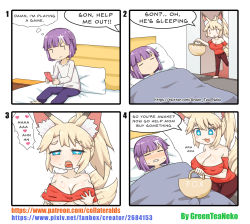 Rule 34 | + +, 1boy, 1girl, 4koma, :3, = =, absurdres, animal ears, ara ara, artist name, bad id, bad pixiv id, bare shoulders, basket, bed, black hair, blue eyes, blunt bangs, blush, breasts, cellphone, cleavage, clenched teeth, comic, commentary, covered erect nipples, english text, erection, eyebrows, fox ears, fox tail, grabbing own breast, greenteaneko, heart, hetero, highres, jitome, large breasts, long hair, mother and son, multicolored hair, open mouth, original, phone, pillow, ponytail, purple hair, romaji text, smartphone, smile, square 4koma, streaked hair, tail, teeth, translated, watermark, web address, white hair