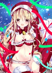 Rule 34 | 1girl, :d, arm support, bad id, bad pixiv id, bell, bikini, blonde hair, blush, bow, box, breasts, christmas, cleavage, commentary request, elbow gloves, frilled bikini, frills, fur-trimmed gloves, fur-trimmed legwear, fur trim, gift, gift box, gloves, groin, hair between eyes, hat, knee up, long hair, looking at viewer, medium breasts, nanase nao, navel, open mouth, original, red bikini, red bow, red eyes, red gloves, red hat, red legwear, santa hat, side-tie bikini bottom, sitting, smile, solo, swimsuit, very long hair