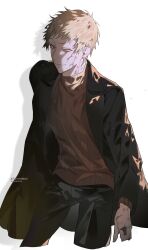 Rule 34 | 1boy, atou haruki, black jacket, black pants, blonde hair, brown sweater, character name, closed mouth, cowboy shot, cropped legs, highres, jacket, long sleeves, male focus, open clothes, open jacket, pants, red eyes, ribbed sweater, saibou shinkyoku, sharktailcherry, short hair, simple background, smile, solo, sweater, turtleneck, turtleneck sweater, twitter username