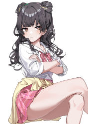 Rule 34 | 1girl, bare legs, black hair, bow, bowtie, cardigan, cardigan around waist, clothes around waist, crossed arms, crossed legs, double bun, frown, gyaru, hair bun, haruyuki (gffewuoutgblubh), highres, idolmaster, idolmaster shiny colors, invisible chair, kogal, loose bowtie, mayuzumi fuyuko, official alternate costume, open collar, plaid, plaid skirt, pleated skirt, scrunchie, simple background, sitting, skirt, sleeves rolled up, solo, thighs, v-shaped eyebrows, wavy hair, white background, wrist scrunchie, yellow cardigan