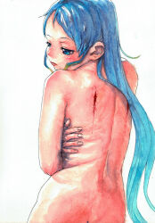 Rule 34 | 1girl, ass, back, blood, blue eyes, blue hair, blush, female focus, from behind, half-closed eyes, injury, kantai collection, lips, long hair, n-mori, nude, samidare (kancolle), simple background, solo, traditional media, turning head, white background, wings removed