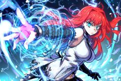 Rule 34 | 1girl, :/, absurdres, aozaki aoko, bare shoulders, blue eyes, breasts, detached sleeves, ebora, electricity, glowing, glowing eyes, hair intakes, highres, large breasts, long hair, looking at viewer, magic circle, mahou tsukai no yoru, outstretched arm, red hair, shirt, sleeveless, sleeveless shirt, solo, white shirt